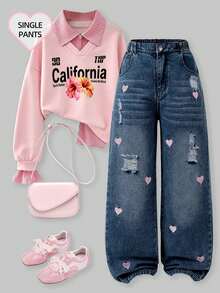 SHEIN Tween Girl Y2K 复古做旧宽松心形刺绣阔腿牛仔裤，适合日常休闲穿着、学校、通勤、聚会、返校季，2025 年秋冬 - 深色水洗藍 - 查看 2