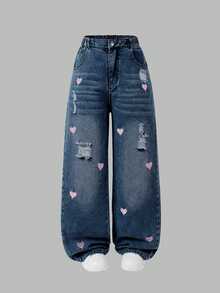 SHEIN Tween Girl Y2K 复古做旧宽松心形刺绣阔腿牛仔裤，适合日常休闲穿着、学校、通勤、聚会、返校季，2025 年秋冬 - 深色水洗藍 - 查看 4