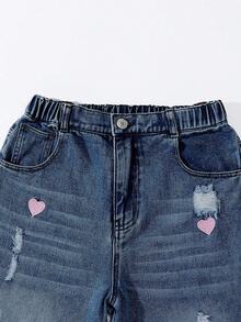 SHEIN Tween Girl Y2K 复古做旧宽松心形刺绣阔腿牛仔裤，适合日常休闲穿着、学校、通勤、聚会、返校季，2025 年秋冬 - 深色水洗藍 - 查看 5