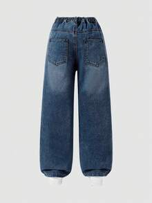 SHEIN Tween Girl Y2K 复古做旧宽松心形刺绣阔腿牛仔裤，适合日常休闲穿着、学校、通勤、聚会、返校季，2025 年秋冬 - 深色水洗藍 - 查看 3