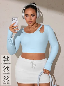 SHEIN Rhythm Era Women's Plus Size Solid Color Shoulder Cutout Long Sleeve Cropped T-Shirt Gym Sports Baby Blue Autumn Fall - Baby Blue - View 1