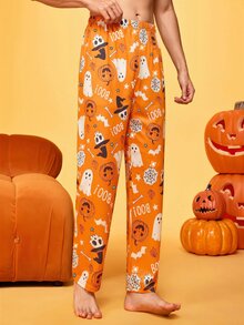 Provexi Provexi Men's Halloween Fun & Quirky Cartoon Pumpkin Skull Witch Hat Ghost Spider Web Bat Family Matching Pajamas Loungewear Long Pants - Orange - View 2