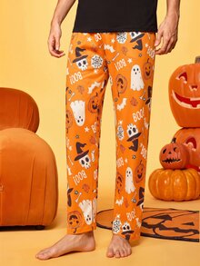 Provexi Provexi Men's Halloween Fun & Quirky Cartoon Pumpkin Skull Witch Hat Ghost Spider Web Bat Family Matching Pajamas Loungewear Long Pants - Orange - View 4