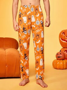 Provexi Provexi Men's Halloween Fun & Quirky Cartoon Pumpkin Skull Witch Hat Ghost Spider Web Bat Family Matching Pajamas Loungewear Long Pants - Orange - View 3