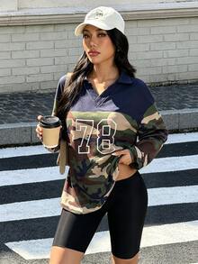 Muchica Sweatshirt Olahraga Lengan Panjang Wanita Motif Kamuflase Warna Kontras - Hijau Tentara - View 1