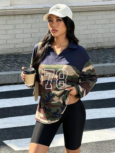 Muchica Women's Camouflage Print Contrast Color Long Sleeve Sports Sweatshirt