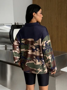 Muchica Sweatshirt Olahraga Lengan Panjang Wanita Motif Kamuflase Warna Kontras - Hijau Tentara - View 2
