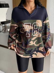 Muchica Sweatshirt Olahraga Lengan Panjang Wanita Motif Kamuflase Warna Kontras - Hijau Tentara - View 7
