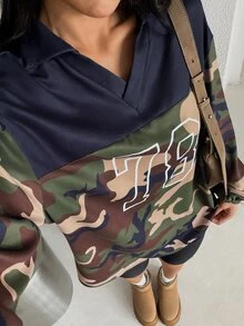 Muchica Sweatshirt Olahraga Lengan Panjang Wanita Motif Kamuflase Warna Kontras - Hijau Tentara - View 5