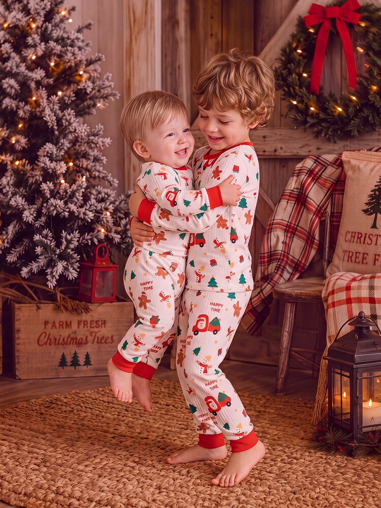 SHEIN Christmas Baby Boy 2 Pieces Set, Festive Holiday Atmosphere, Cute Cartoon Christmas Tree, Snowman, Gingerbread Man Print, Casual Comfortable Home Wear, Long Sleeve Top And Pants, Snug Fit - Red - View 8