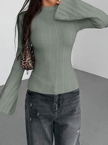 SHEIN Unity 时尚百搭纯色喇叭袖女式毛衣 - 淺灰色 - 查看 7