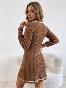 SHEIN Twisted Cable Knit Fitted Mini Sweater Dress, Autumn/Winter - Coffee Brown - View 2