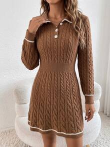 SHEIN Twisted Cable Knit Fitted Mini Sweater Dress, Autumn/Winter - Coffee Brown - View 5