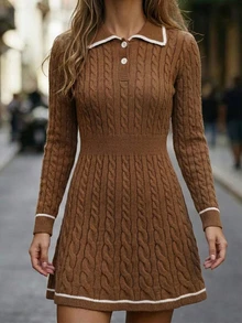 SHEIN Twisted Cable Knit Fitted Mini Sweater Dress, Autumn/Winter - Coffee Brown - View 1