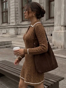 SHEIN Twisted Cable Knit Fitted Mini Sweater Dress, Autumn/Winter - Coffee Brown - View 4