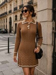 SHEIN Twisted Cable Knit Fitted Mini Sweater Dress, Autumn/Winter - Coffee Brown - View 8
