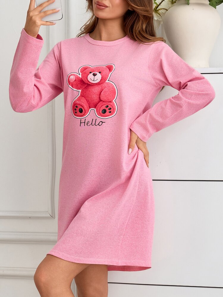 SHEIN Cottnline Cotton Women PINK Round Neck Cartoon CUTE Bear Long Sleeved Homewear Comfort Nightgown Sleep Autumn Casual - Pink - View 3