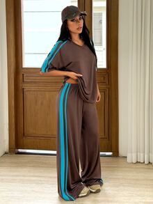 Muchica Set Olahraga Wanita: Kaos dan Celana Panjang Bergaris Warna Blok, Pakaian Olahraga Bernapas untuk Gym, Lari, Aktivitas Luar Ruangan, Latihan Santai - Chocolate Brown - View 6