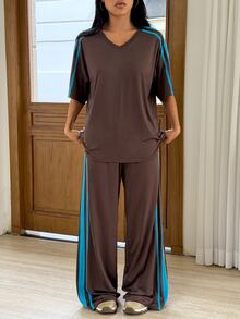Muchica Set Olahraga Wanita: Kaos dan Celana Panjang Bergaris Warna Blok, Pakaian Olahraga Bernapas untuk Gym, Lari, Aktivitas Luar Ruangan, Latihan Santai - Chocolate Brown - View 4