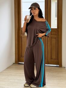 Muchica Set Olahraga Wanita: Kaos dan Celana Panjang Bergaris Warna Blok, Pakaian Olahraga Bernapas untuk Gym, Lari, Aktivitas Luar Ruangan, Latihan Santai - Chocolate Brown - View 5