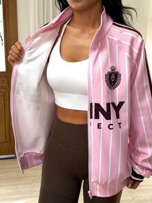 Muchica Women's Pink Striped Letter Print Stand Collar Zip Up Sports Jacket Gym Jacket Workout Jacket Running Jacket Sportswear Activewear Fall Winter - Pink - View 6