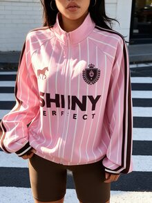 Muchica Women's Pink Striped Letter Print Stand Collar Zip Up Sports Jacket Gym Jacket Workout Jacket Running Jacket Sportswear Activewear Fall Winter - Pink - View 1
