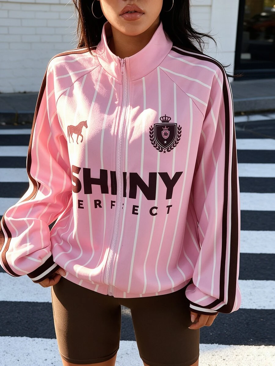 Muchica Women's Pink Striped Letter Print Stand Collar Zip Up Sports Jacket Gym Jacket Workout Jacket Running Jacket Sportswear Activewear Fall Winter - Pink - View 1