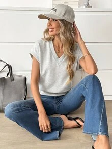Easowa Women's Simple Solid Color V-Neck Cinched Waist Batwing Sleeve T-Shirt, Summer,Summer Top Travel Light Grey Casual Brunch Daytime - Light Grey - View 5