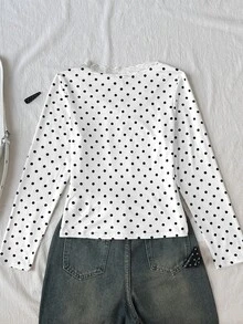 SHEIN Teen Girl Knit Polka Dot Contrast Lace Trim Casual Long Sleeve T-Shirt - Apricot - View 9