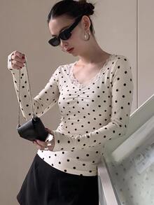 SHEIN Teen Girl Knit Polka Dot Contrast Lace Trim Casual Long Sleeve T-Shirt - Apricot - View 10