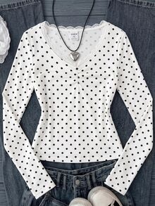 SHEIN Teen Girl Knit Polka Dot Contrast Lace Trim Casual Long Sleeve T-Shirt - Apricot - View 3