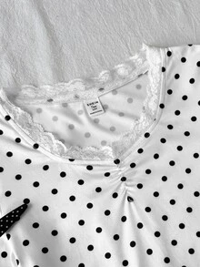 SHEIN Teen Girl Knit Polka Dot Contrast Lace Trim Casual Long Sleeve T-Shirt - Apricot - View 5