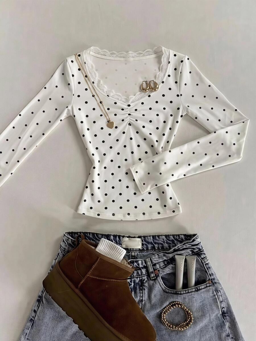 SHEIN Teen Girl Knit Polka Dot Contrast Lace Trim Casual Long Sleeve T-Shirt - Apricot - View 1