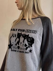 Sundraya Plus Size T-Shirt, Casual Raglan Sleeve Top, Black Cat Pattern Style, Grey T-Shirt, Graphic Design, Daily Wear, Versatile Casual - Grey - View 3