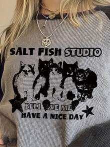 Sundraya Plus Size T-Shirt, Casual Raglan Sleeve Top, Black Cat Pattern Style, Grey T-Shirt, Graphic Design, Daily Wear, Versatile Casual - Grey - View 4
