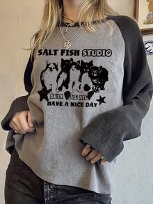 Sundraya Plus Size T-Shirt, Casual Raglan Sleeve Top, Black Cat Pattern Style, Grey T-Shirt, Graphic Design, Daily Wear, Versatile Casual - Grey - View 1