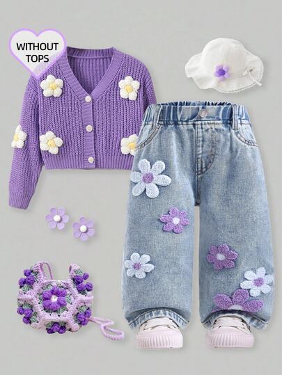 SHEIN Playful Pals Blue Floral Summer Cute Vacation Baby Girl Cute Cross Applique Straight Leg Jeans,Vintage Distressed Academic Style Denim,Halloween Christian Outfit