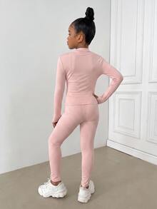 SHEIN Tween Girl Knight Print Zip-Up Long Sleeve Top And Leggings Sports Set - Pink - View 5