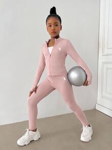 SHEIN Tween Girl Knight Print Zip-Up Long Sleeve Top And Leggings Sports Set - Pink - View 3