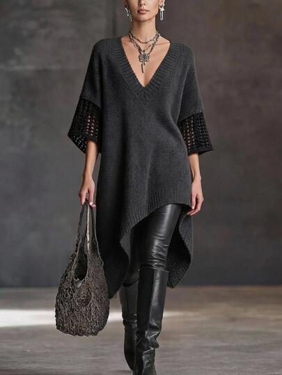 Solivie Women's Autumn Long Sweater Asymmetrical Design V-Neck Winter Clothes   Going Out Tops Workwear For Women Office