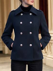 Trelyra Mantel Komuter Wanita Model Vintage Kancing Ganda Berkerah Model Baru Musim Gugur/Dingin - Navy Blue - View 3