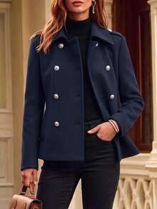 Trelyra Mantel Komuter Wanita Model Vintage Kancing Ganda Berkerah Model Baru Musim Gugur/Dingin - Navy Blue - View 5