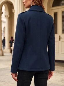 Trelyra Mantel Komuter Wanita Model Vintage Kancing Ganda Berkerah Model Baru Musim Gugur/Dingin - Navy Blue - View 2