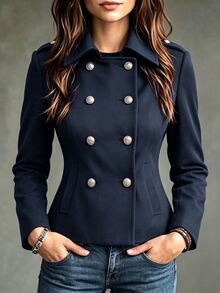 Trelyra Mantel Komuter Wanita Model Vintage Kancing Ganda Berkerah Model Baru Musim Gugur/Dingin - Navy Blue - View 1