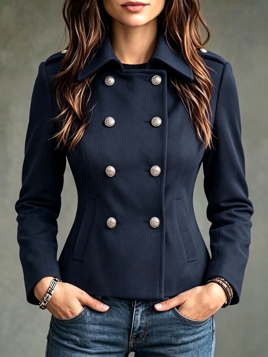 Trelyra Mantel Komuter Wanita Model Vintage Kancing Ganda Berkerah Model Baru Musim Gugur/Dingin - Navy Blue - View 1