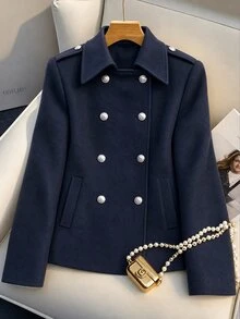 Trelyra Mantel Komuter Wanita Model Vintage Kancing Ganda Berkerah Model Baru Musim Gugur/Dingin - Navy Blue - View 6