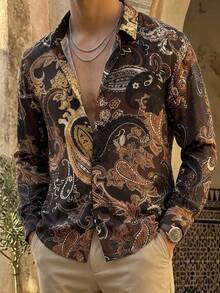 HIMLAND Men's Paisley Pattern Long Sleeve Single-Breasted Casual Shirt - Brown - View 9