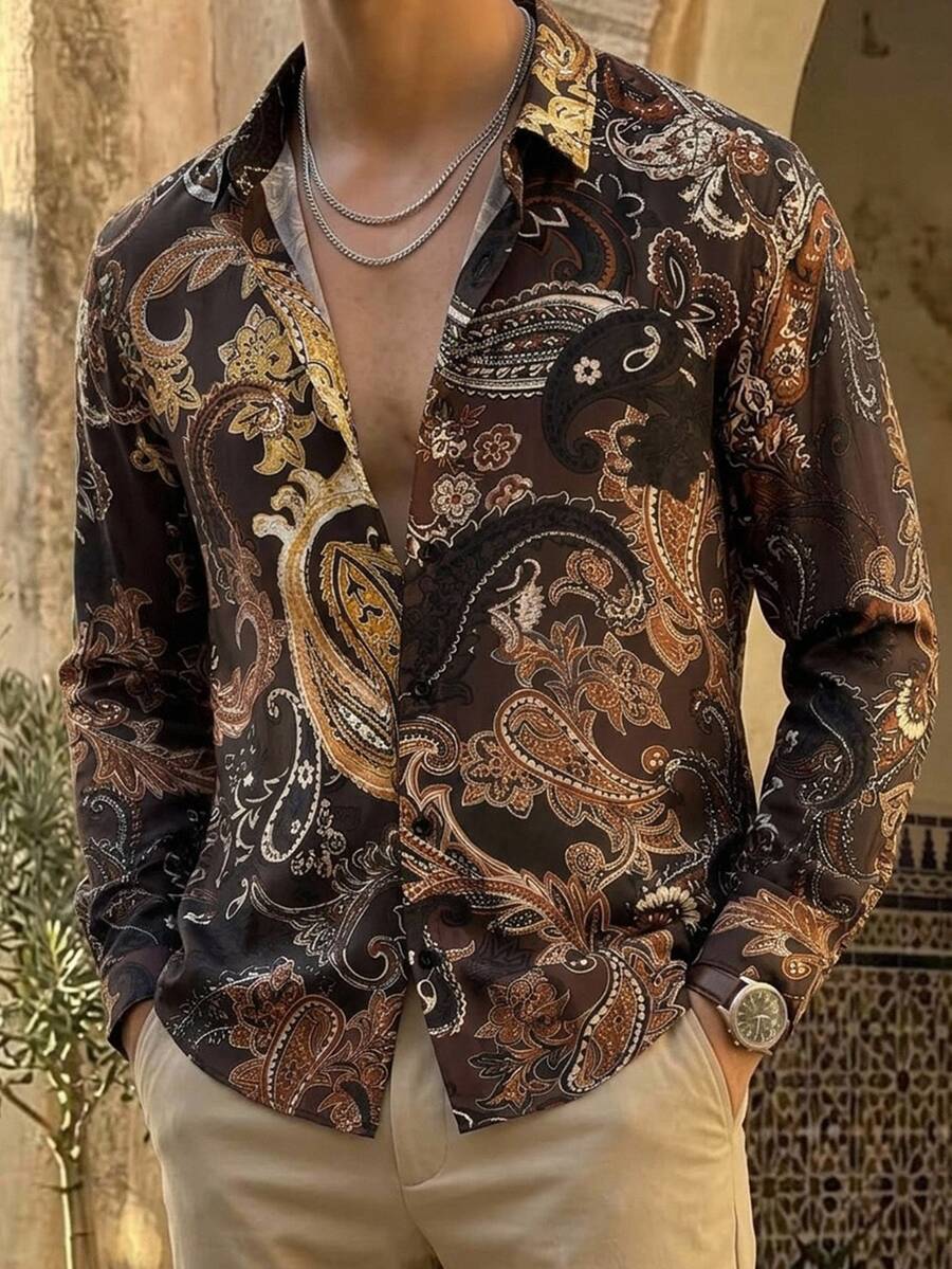 HIMLAND Men's Long Sleeve Shirt, Vintage Print Shirt, Paisley Pattern, Floral Button Down, Brown Printed Shirt, Bohemian Style, Resort Wear, Slim Fit, Homme - Brown - View 1