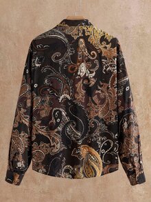 HIMLAND Men's Paisley Pattern Long Sleeve Single-Breasted Casual Shirt - Brown - View 3