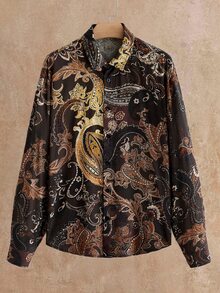 HIMLAND Men's Paisley Pattern Long Sleeve Single-Breasted Casual Shirt - Brown - View 2
